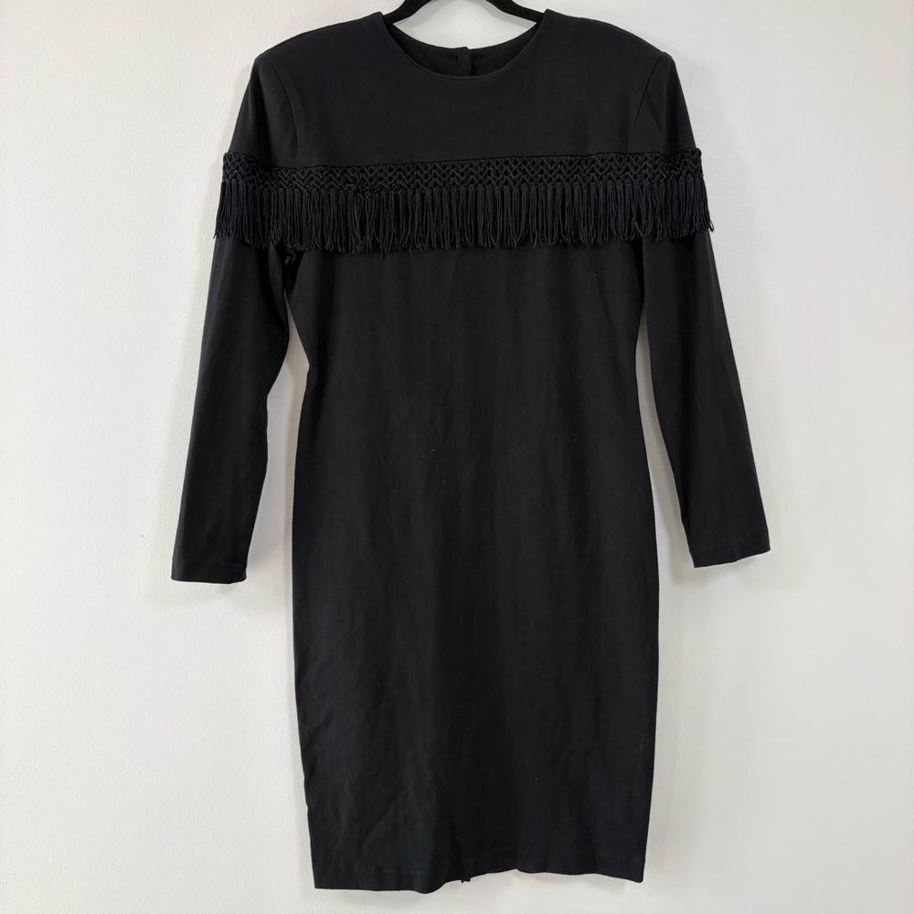 Black Fringe Rodeo Western Bodycon Pioneer Cowgirl Dress VTG Women Size 11/12